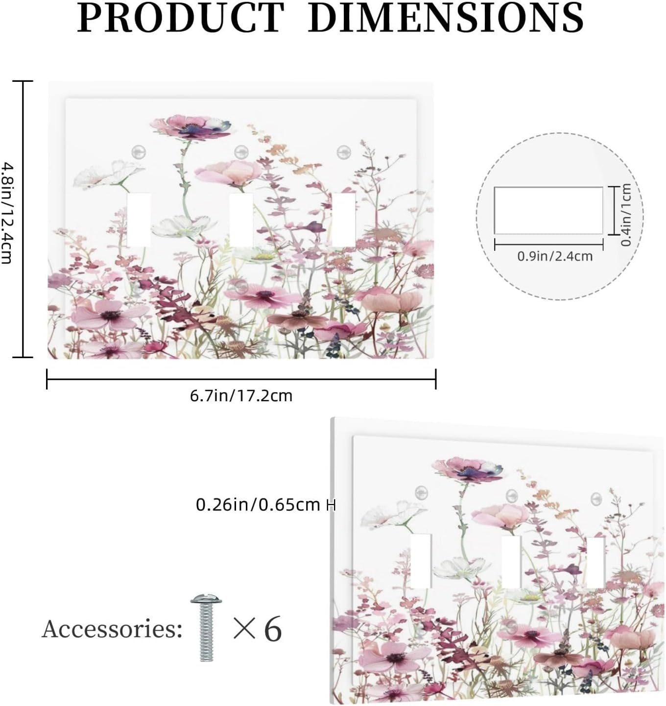 Floral Pink Watercolor Wildflowers Plant Flower Decorative Switch Plates 3 Gang Wall Plate Triple Toggle Light Switch Cover Faceplate Electrical Wall Panels for Bedroom Living Room Decor