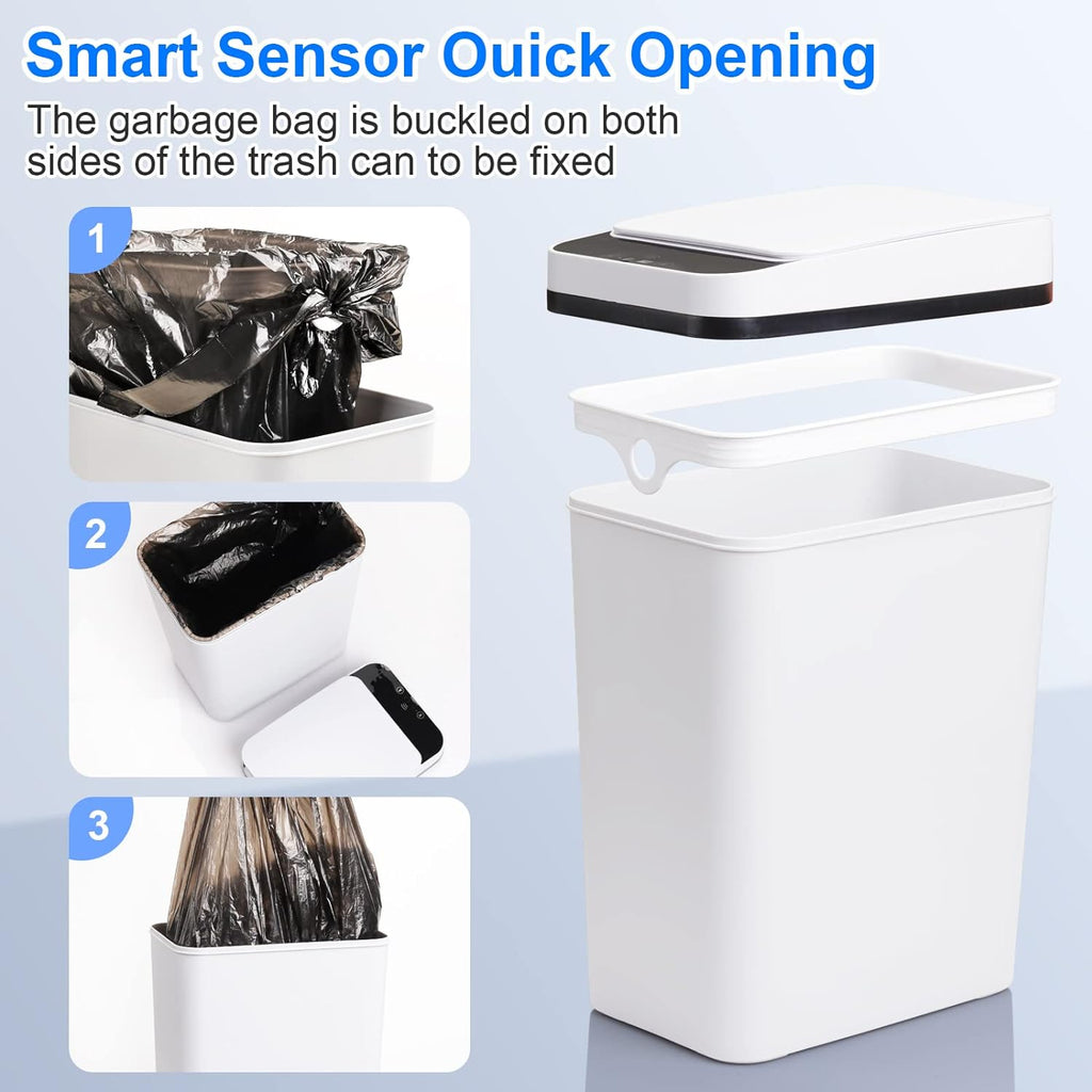 Bathroom Trash Cans with Lid Touchless Automatic Motion Sensor 4 Gallon Small Garbage Can, Smart Electric Plastic Narrow Garbage Bin for Living Room Bedroom Office Kitchen (White)
