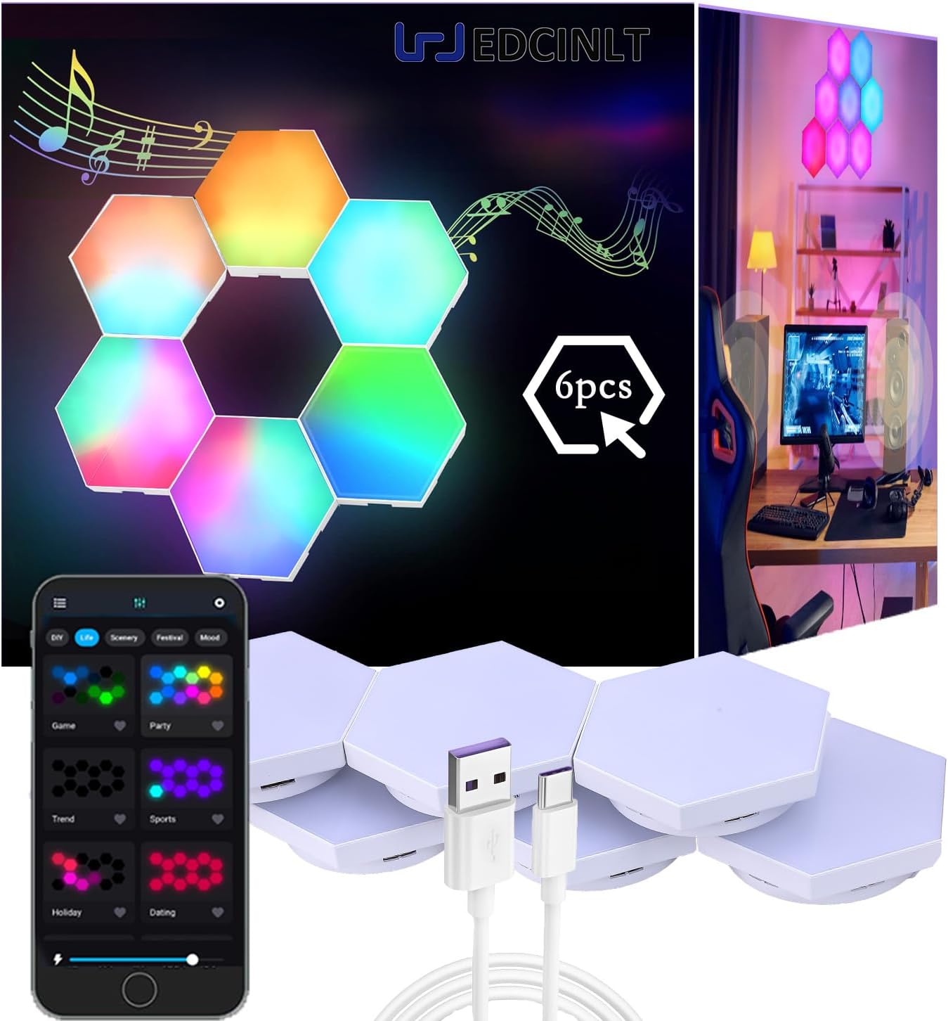 Smart Hexagon Lights DIY Hexagon Led Light App & Remote Controlled & Music Sync Features USB & Type C Modern RGB Wall Panels for Living & Gaming Decor (6Pack)