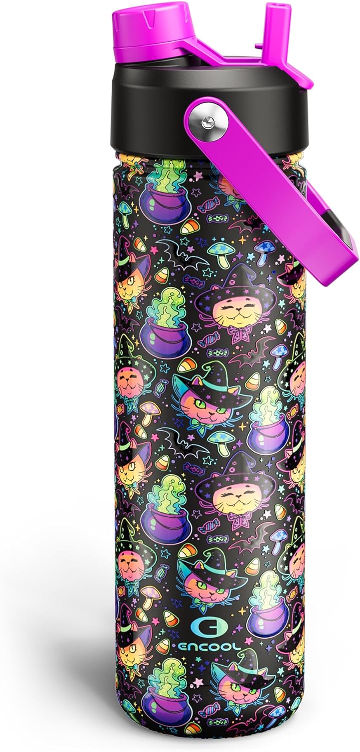 ENCOOL Insulated Water Bottle with Straw Stainless Steel Water Bottle, Leak-Proof, BPA-Free, Double Wall Vacuum Keeps Cold for 24 Hours for Sports, Travel, School (26 oz, Meowgic Night)