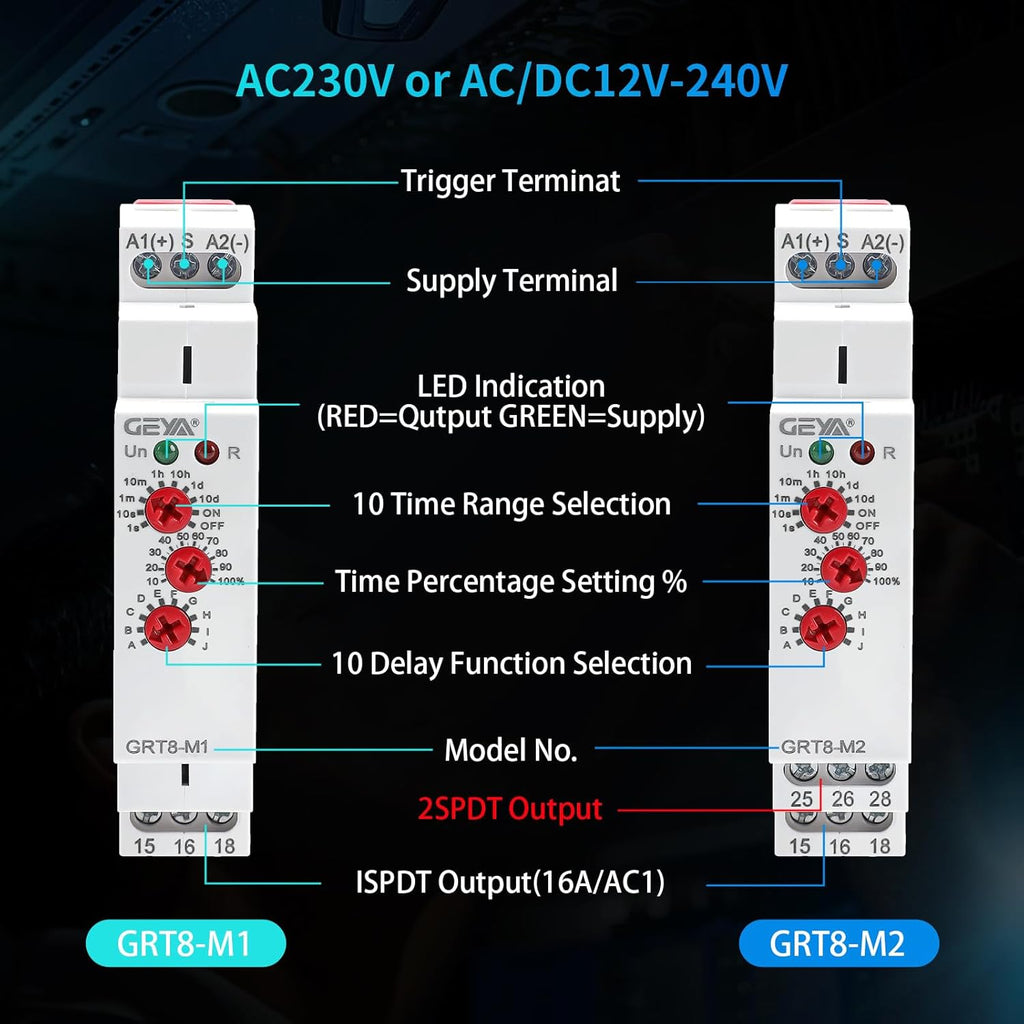 GRT8 M1 Multifunction Time Relay 16A AC 230V with 10 Relay Timer Control Delay Function Mode DIN Rail Electronic Relays of Wide Time Delay Range for 0.1 Seconds to 10 Days