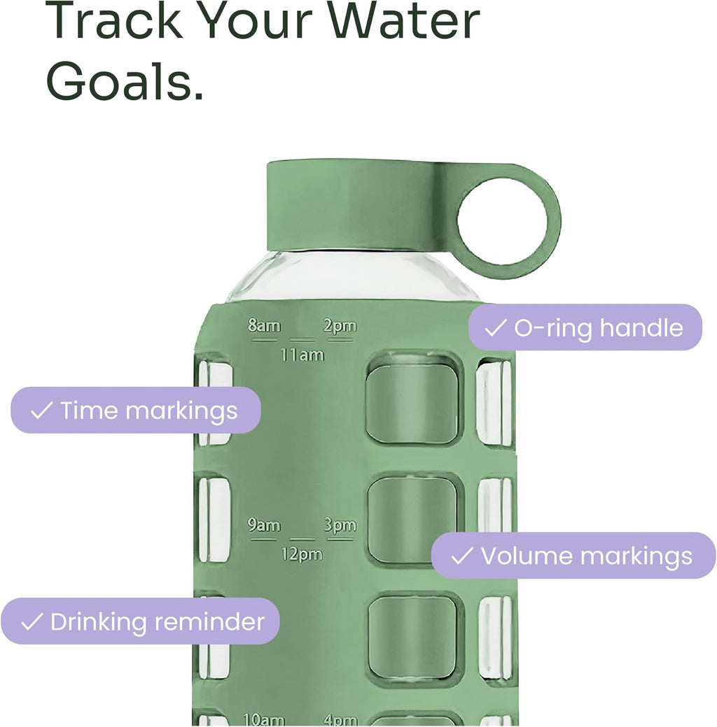 purifyou 40oz / 32oz / 22oz / 12oz Borosilicate Glass Water Bottle with Time & Volume Markers, Silicone Sleeve, Stainless Steel Lid | Reusable Glass Bottle for Water & Juice (22oz Shale Green)