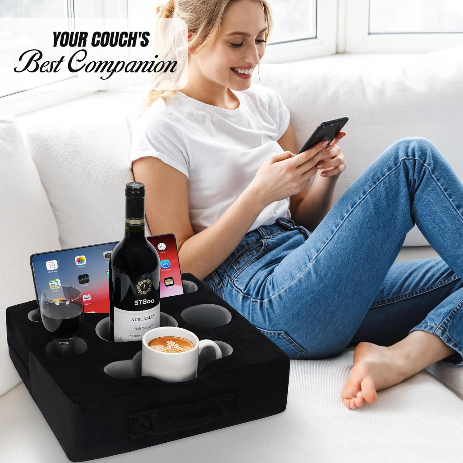 STBoo Couch Cup Holder Pillow Tray - Sofa Drink Cup Holder Cozy Buddy | Bed Caddy Organizer for Remote, Snacks Beverage, Phones, Tablet | Use it on Car, Pack, Beach, RV, Boat, Bedroom (Black)
