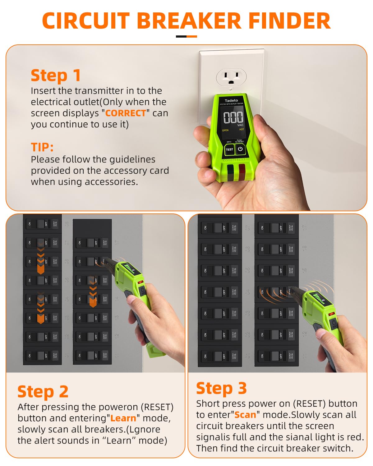 Tadeto Circuit Breaker Finder Tool with Outlet Tester, Quickly GFCI, Voltage, Electric Tester with Dual LCD Display, Light Socket and 3-2 Prong Grounding Adapter, Alligator Clip Adapter