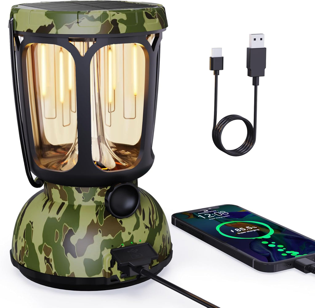 Raynic 6000 LED Camping Lantern, 650LM Hand Crank Solar Battery Powered Rechargeable Lantern, Emergency Lights for Home Power Failure, Hurricane, USB Cable Included