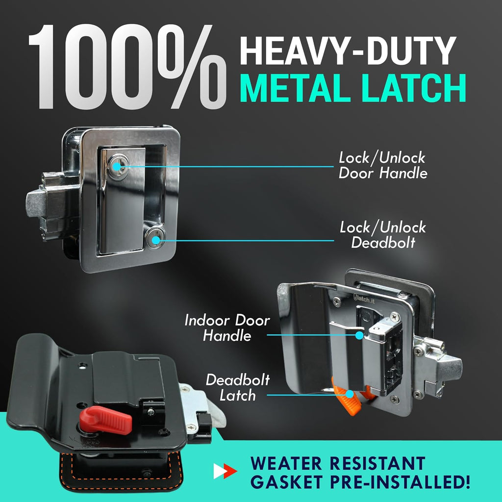 LATCH.IT Chrome RV Door Latch | 2 Keyed Alike RV Door Locks for Travel Trailers | 100% Metal Camper Door Lock w/ 4 Keys | Easy-to-Install & Fits Most!