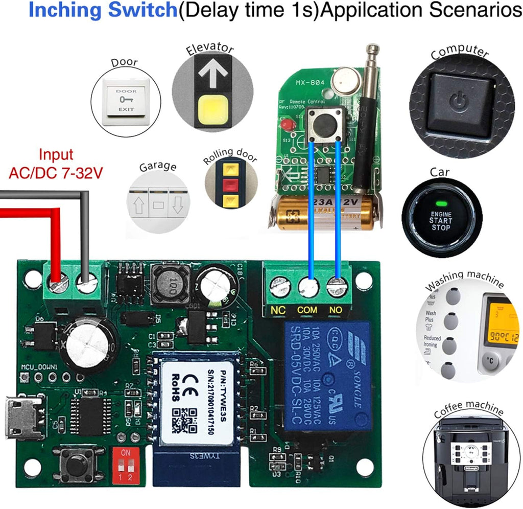 WiFi Wireless Inching Relay Switch Momentary DIY Smart Home Remote Control DC 5-32V AC 90-250V Compatible With Alexa Echo IFTTT (Using TUYA/Smart Life APP)
