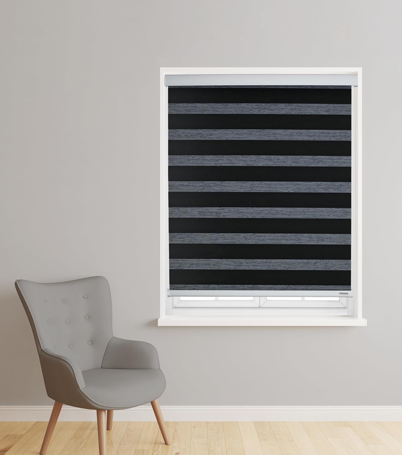 ShadesU Cordless Zebra Blinds – Light Filtering Dual-Layer Window Shades for Privacy (Black Color) (Maximum Height 72") (Width 53")