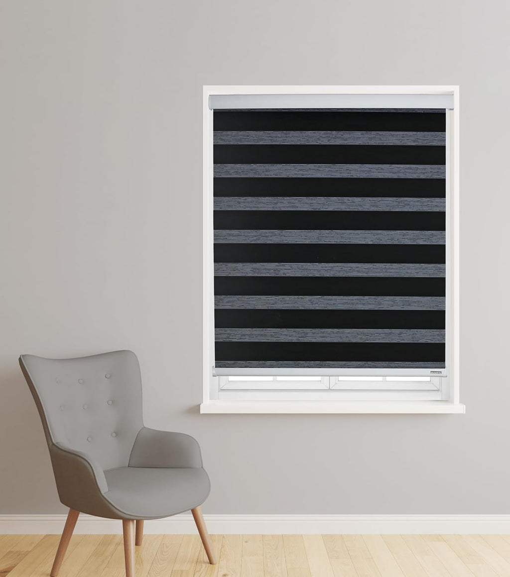 ShadesU Cordless Zebra Blinds – Light Filtering Dual-Layer Window Shades for Privacy (Black Color) (Maximum Height 72") (Width 50")