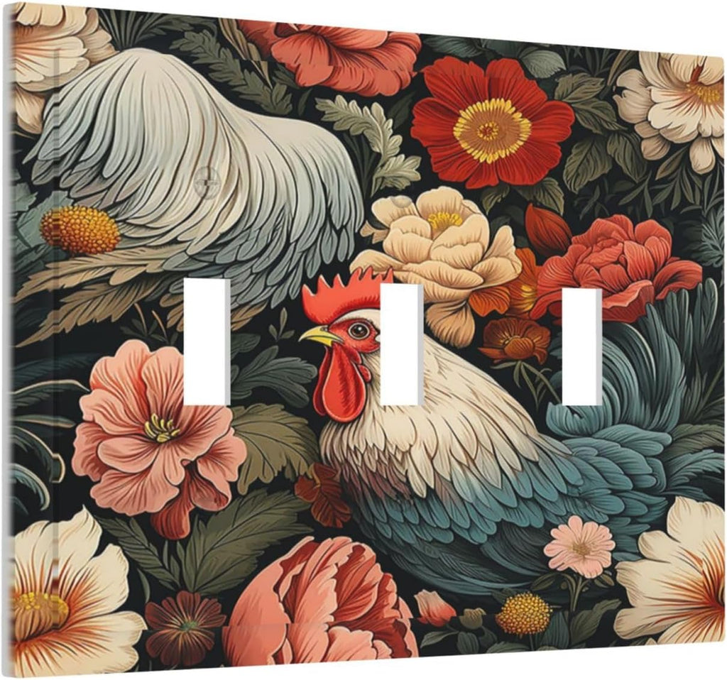 Decorative Switch Plates Rooster Flowers Red White Chicken Floral 3 Gang Wall Plate Triple Toggle Light Switch Cover Faceplate Electrical Wall Panels for living Room Farmhouse Decor