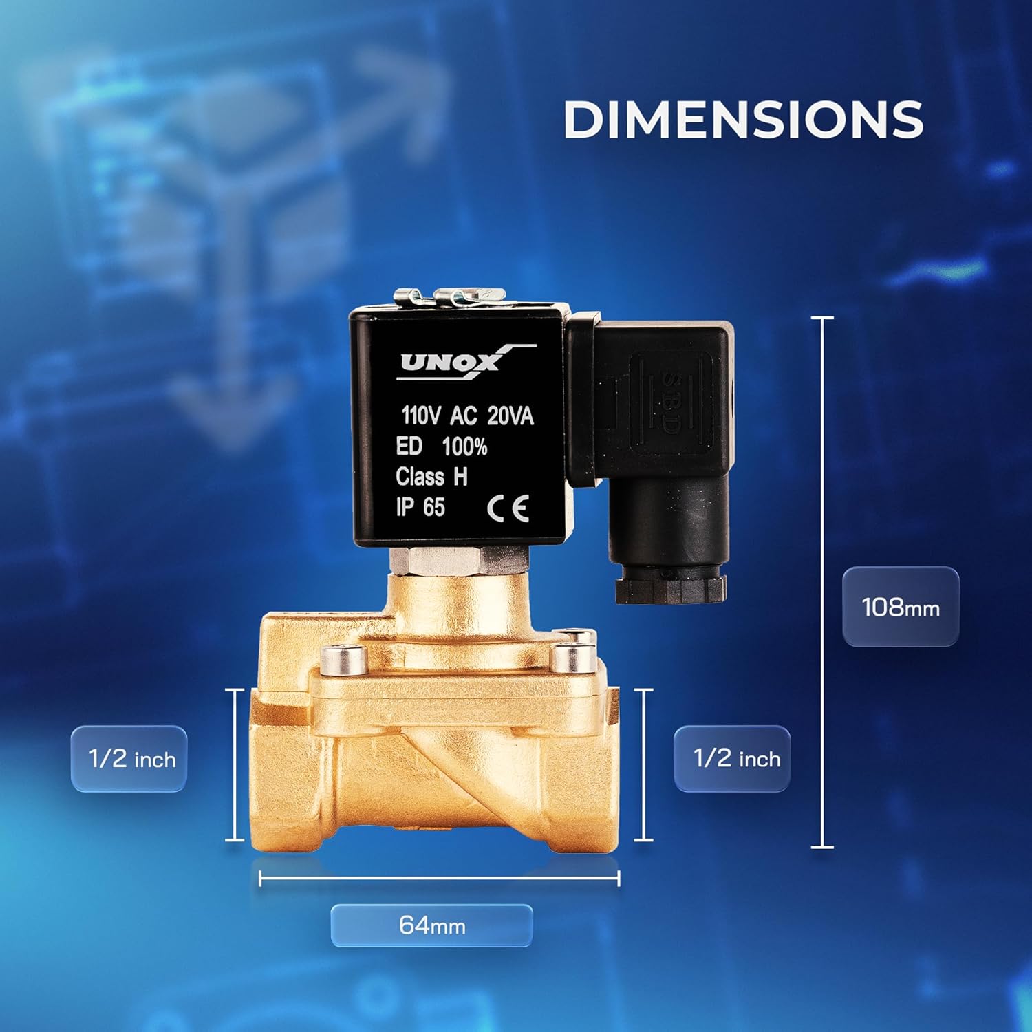 UNOX 1/2" NPT Solenoid Valve 110V AC, Brass Control Valve Normally Closed - 7-232 PSI Multi-Purpose Reliable Control Valve for Water, Air, and Gas - Solenoid Valves