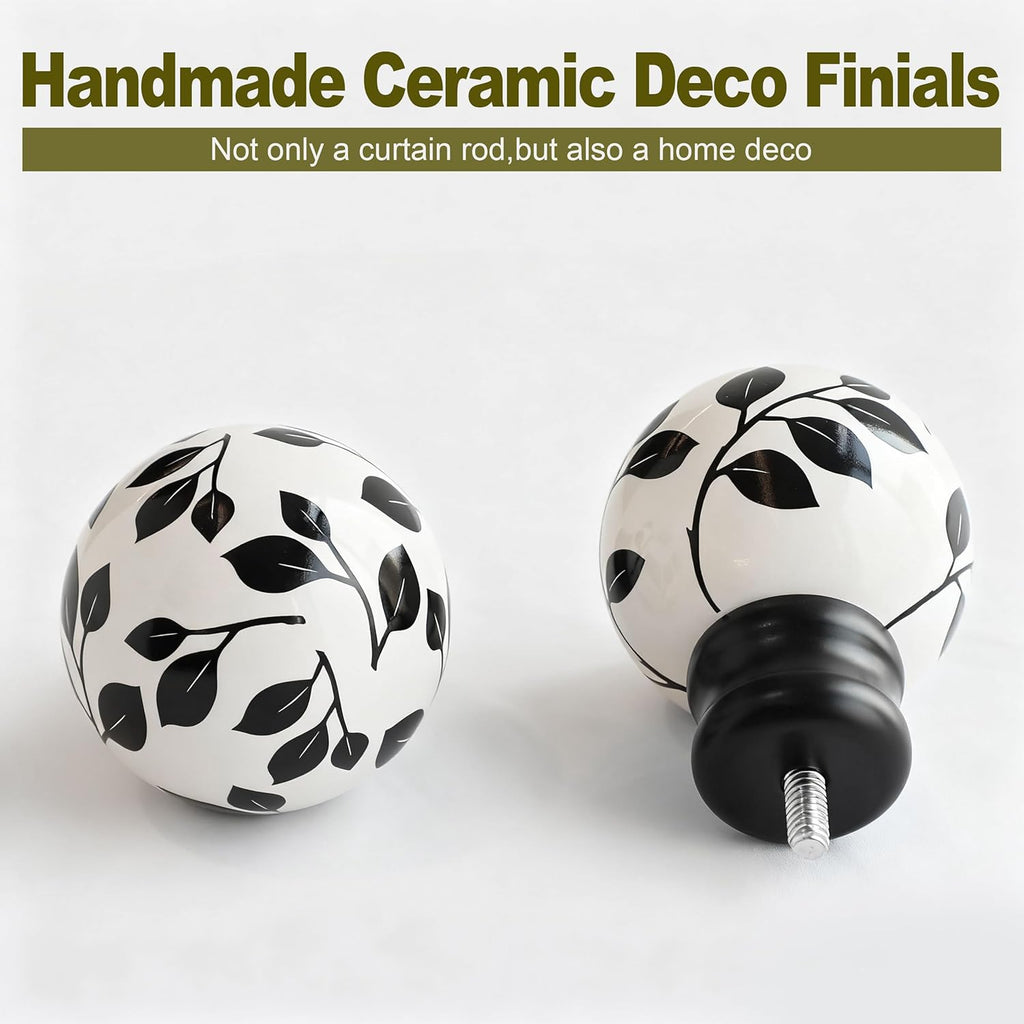 Ceramic Black Curtain Rods for Windows 28 to 48 Inches Adjustable Length Heavy Duty 1" Diameter Window Curtain Rod with Modern Leaf Pattern Decorative Finials for Bedroom Kitchen Living Room