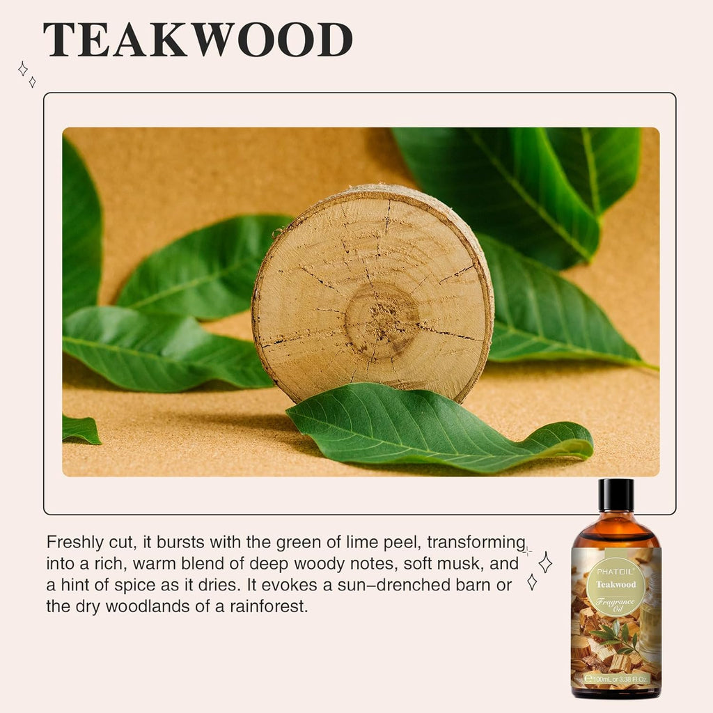 PHATOIL 3.38FL.OZ Teakwood Fragrance Oils for Aromatherapy, Essential Oils for Diffusers for Home, Perfect for Diffuser, Yoga, Skin Care, DIY Candle and Soap Making - 100ml