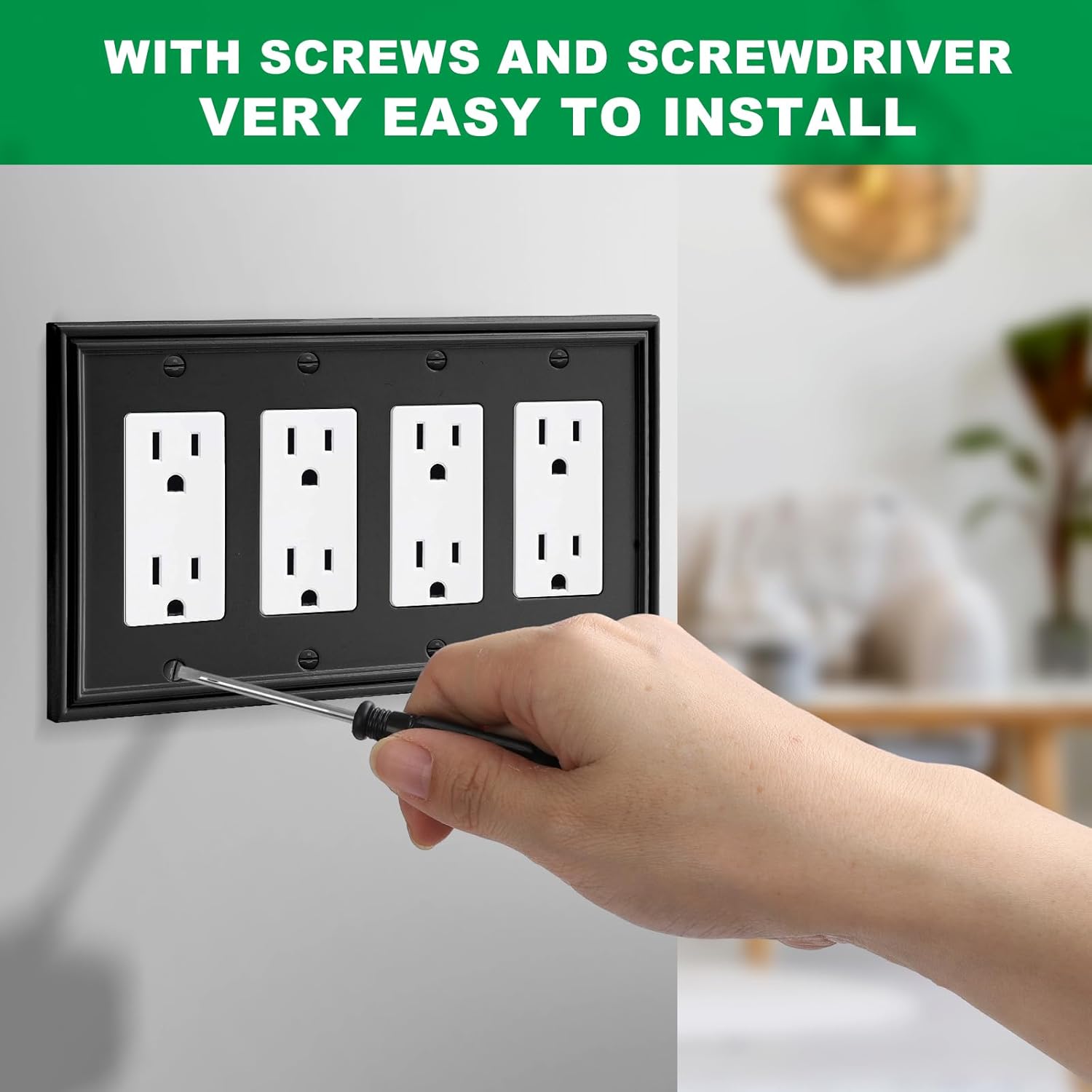 Black Modern Decorative Wall Plate Light Switch Cover Decorator Outlet Covers Rocker Switch Plates Bamboo Fiber Material Wall Plates for Kitchen Bathroom (4 Gang Quad Decorator-1 Pack)