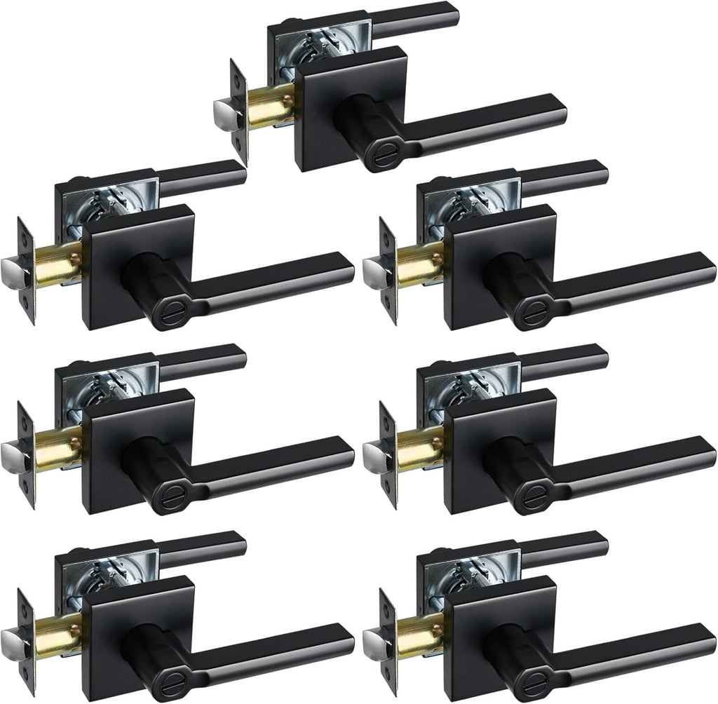 Privacy Door Lever, Heavy Duty Bathroom Bedroom Handle Lock, Keyless Interior Knobs, Matte Black, Reversible for Right&Left Handed, 7Packs