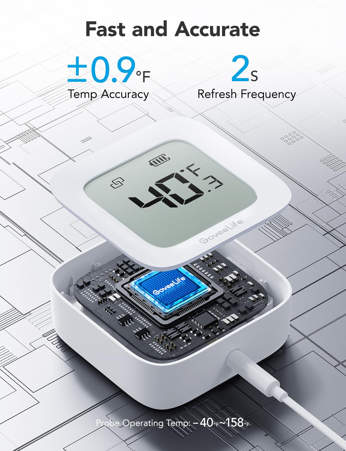 GoveeLife Freezer Thermometer Alarm, Smart Bluetooth Temperature Monitor Sensor for Refrigerator, 197 Ft Connecting Range APP Alert with Anti-False for Freezer (WiFi Gateway Not Included)