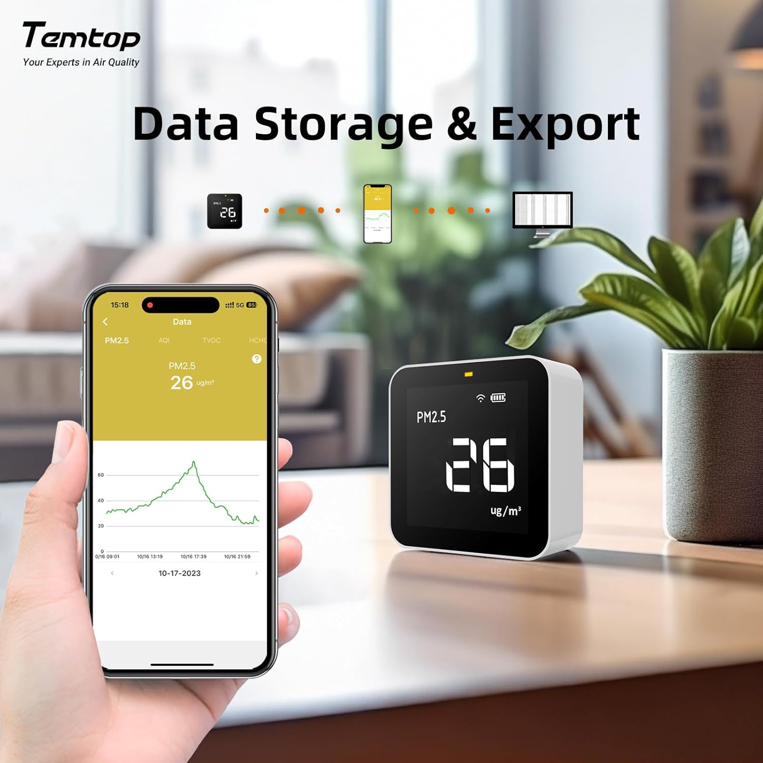 Temtop Smart Air Quality Monitor Indoor Home Air Testing for AQI, PM2.5, Formaldehyde and VOCs with WiFi Connection and Remote Monitoring via App,M10i