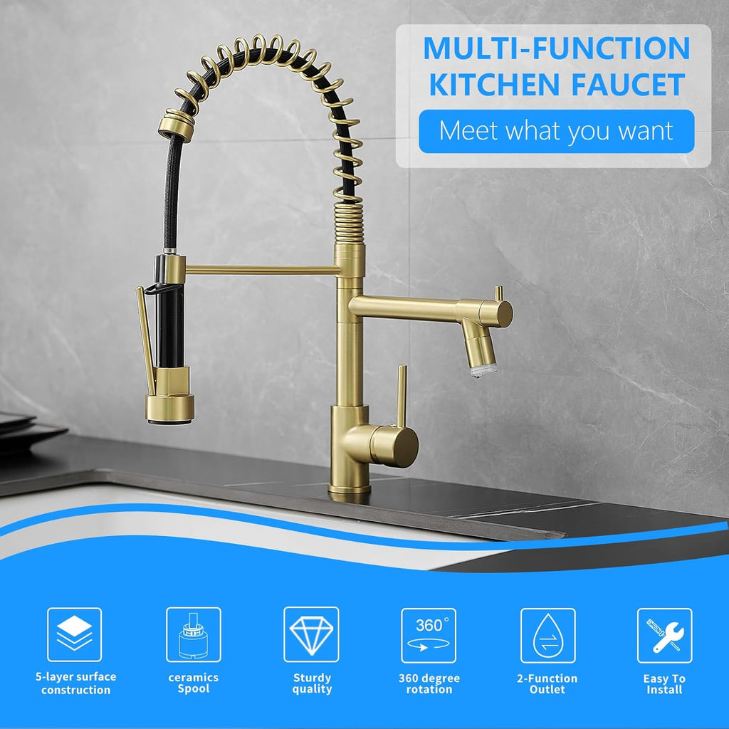Gold Kitchen Faucet with Sprayer AIMADI,Modern Single Handle Spring Gold Kitchen Sink Faucet