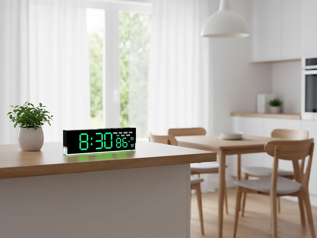 zyzamay 7-Inch Modern LED Digital Alarm Clock with Dual Alarms & Soft Bottom Light｜Displays Time, Date, Day, Temperature ｜3-Level Auto/Manual Brightness, DST, USB or Battery Powered Desk Clock,Green