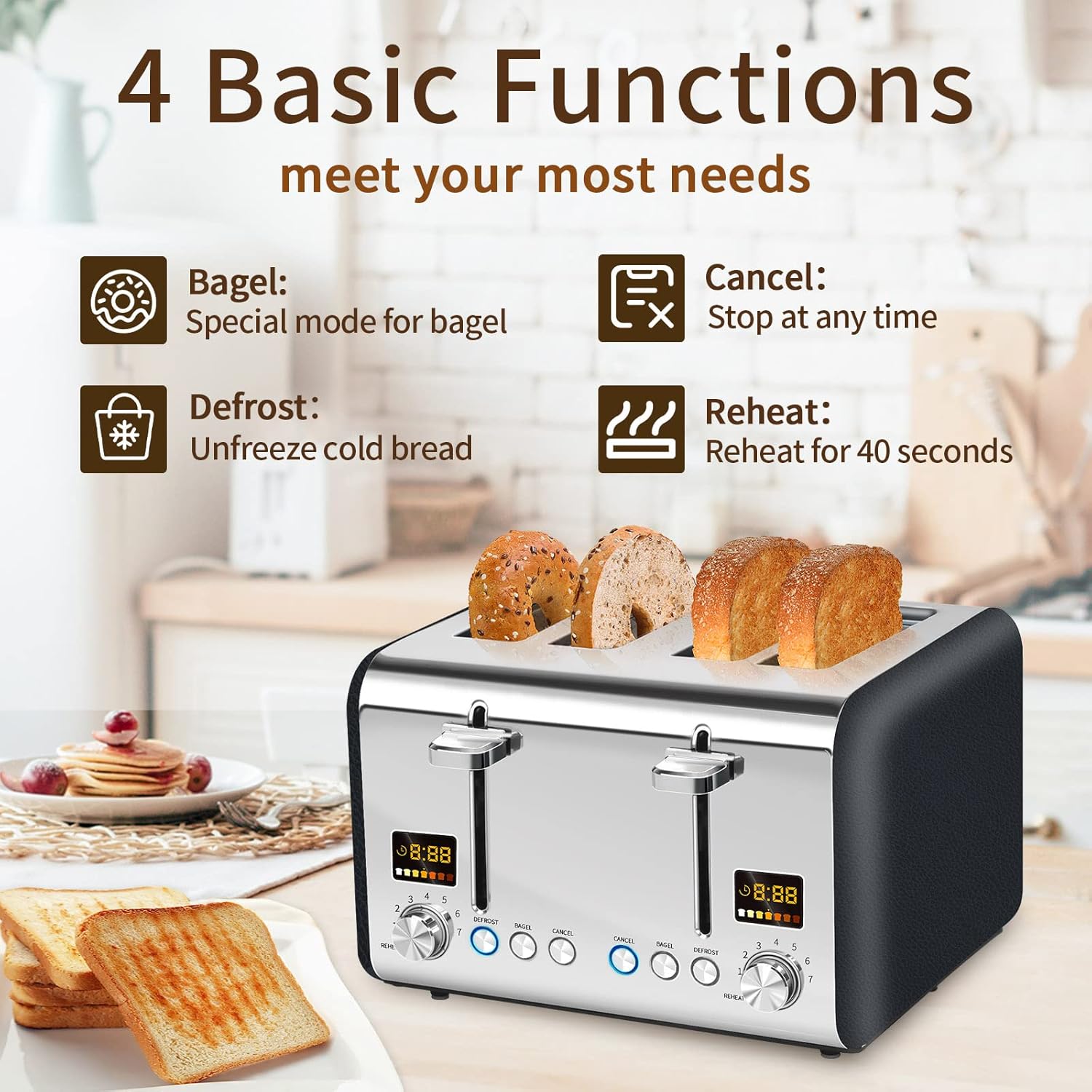 SEEDEEM 4 Slice Stainless Toaster - Color LCD Display, 7 Shade Settings, 1.5'' Wide Slots, Bagel/Defrost/Reheat Functions, Removable Crumb Tray, Dark Chocolate, 1800W