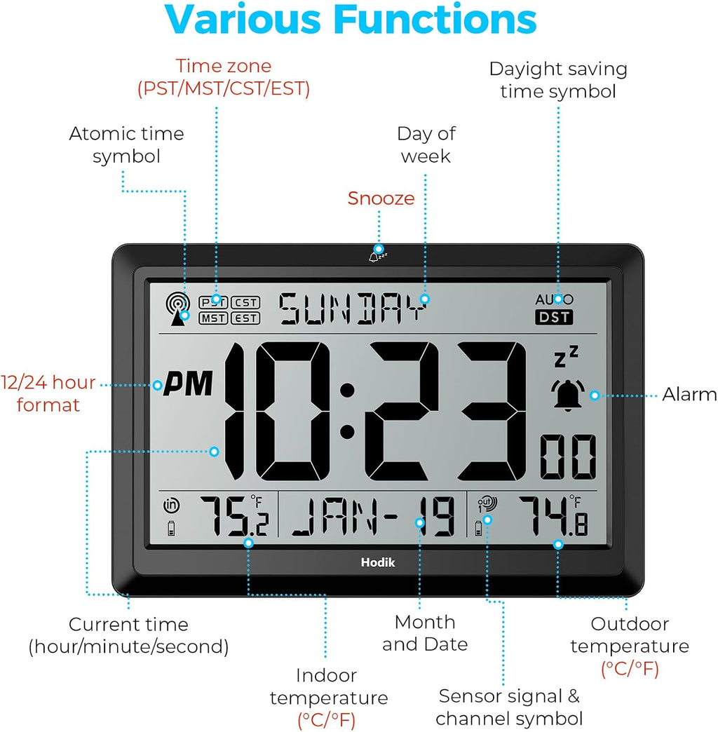 Wall Clock Atomic with Indoor Outdoor Temperature Battery Powered, Easy Reading with 10.5 Inch Large LCD Display, 330FT Range Table Wall Clock with DST, 12/24 Hour for Living Room Kitchen (Black)