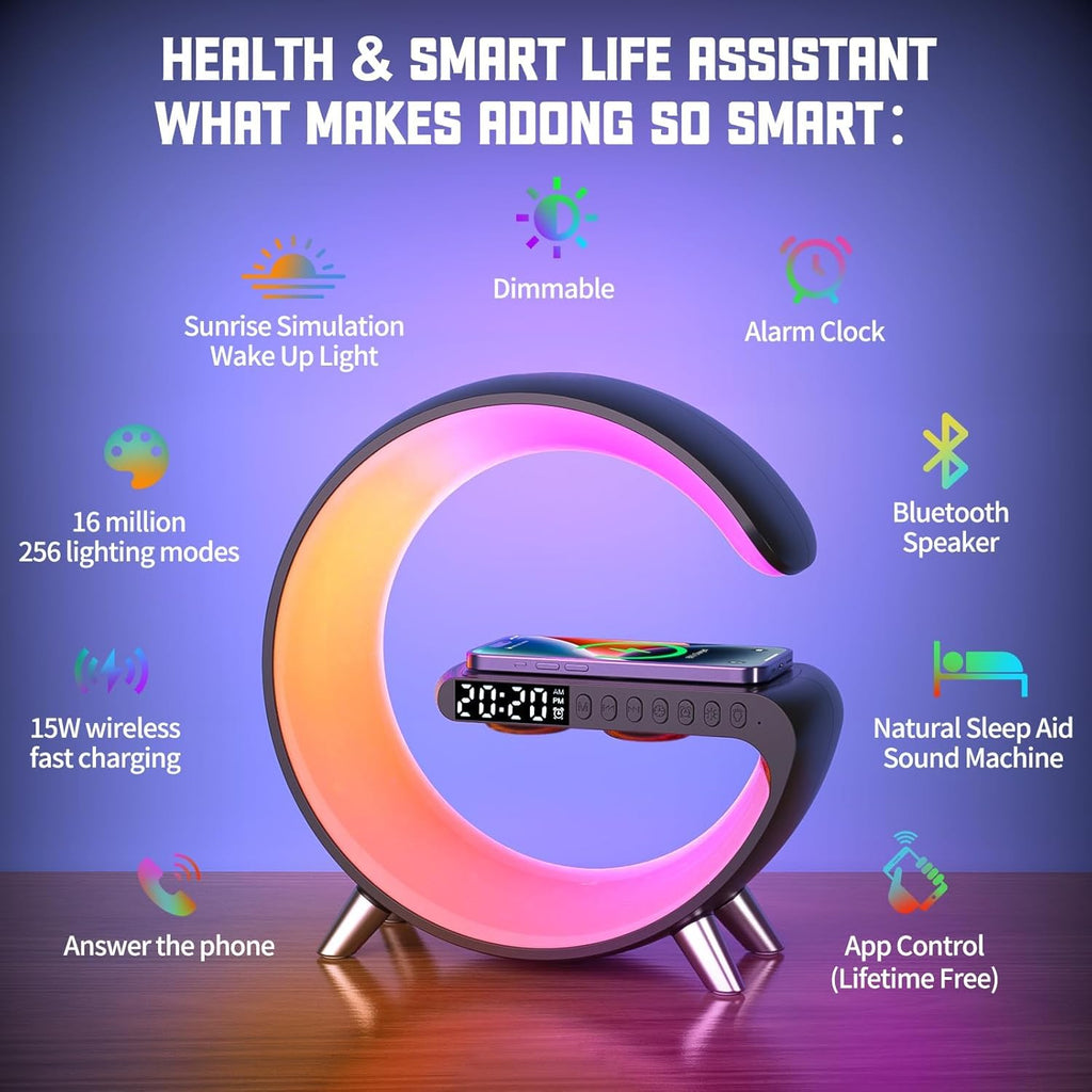 Smart LED Table Lamp, 4-in-1 Wireless Charger, Night Light, Alarm Clock, and Bluetooth Speaker with App Control for Bedroom, Office, and Home Decor (Black)