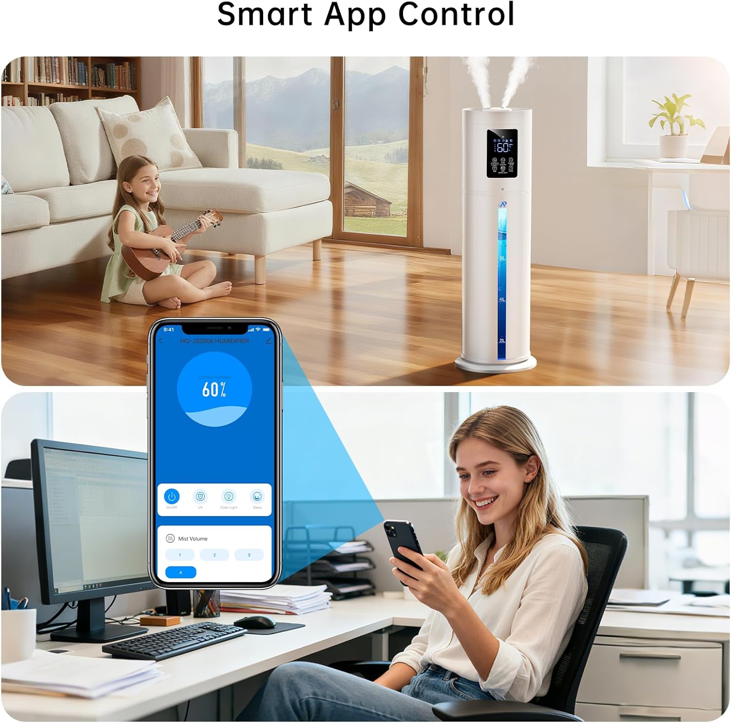 2.1Gal/8L Smart Humidifier Large Room, Top Fill Humidifiers for Bedroom with Diffuser, 7 Color Lights,16H Timer, Auto Mode, APP Remote Control, 4 Levels Cool Mist Air Humidifier for Plants Home Office