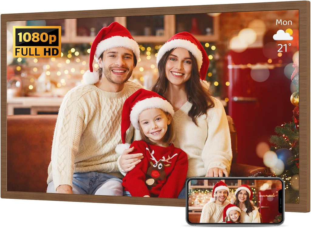 Extra-Large Digital Picture Frame 32"-Wood-Frame - Dual-WiFi 1920x1080 FHD IPS Load Photo Video from Phone via APP Email, Wall Mounted for Home Decoration Wood Grain Design, Gifts for Mom Dad Family