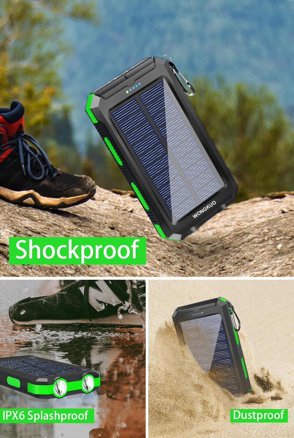 WONGKUO Solar Charger Power Bank - 36800mAh Solar Phone Charger, QC3.0 Fast Charger with LED Flashlight, IP65 Waterproof Portable Power Bank for Outdoor Activities (Matte Green)