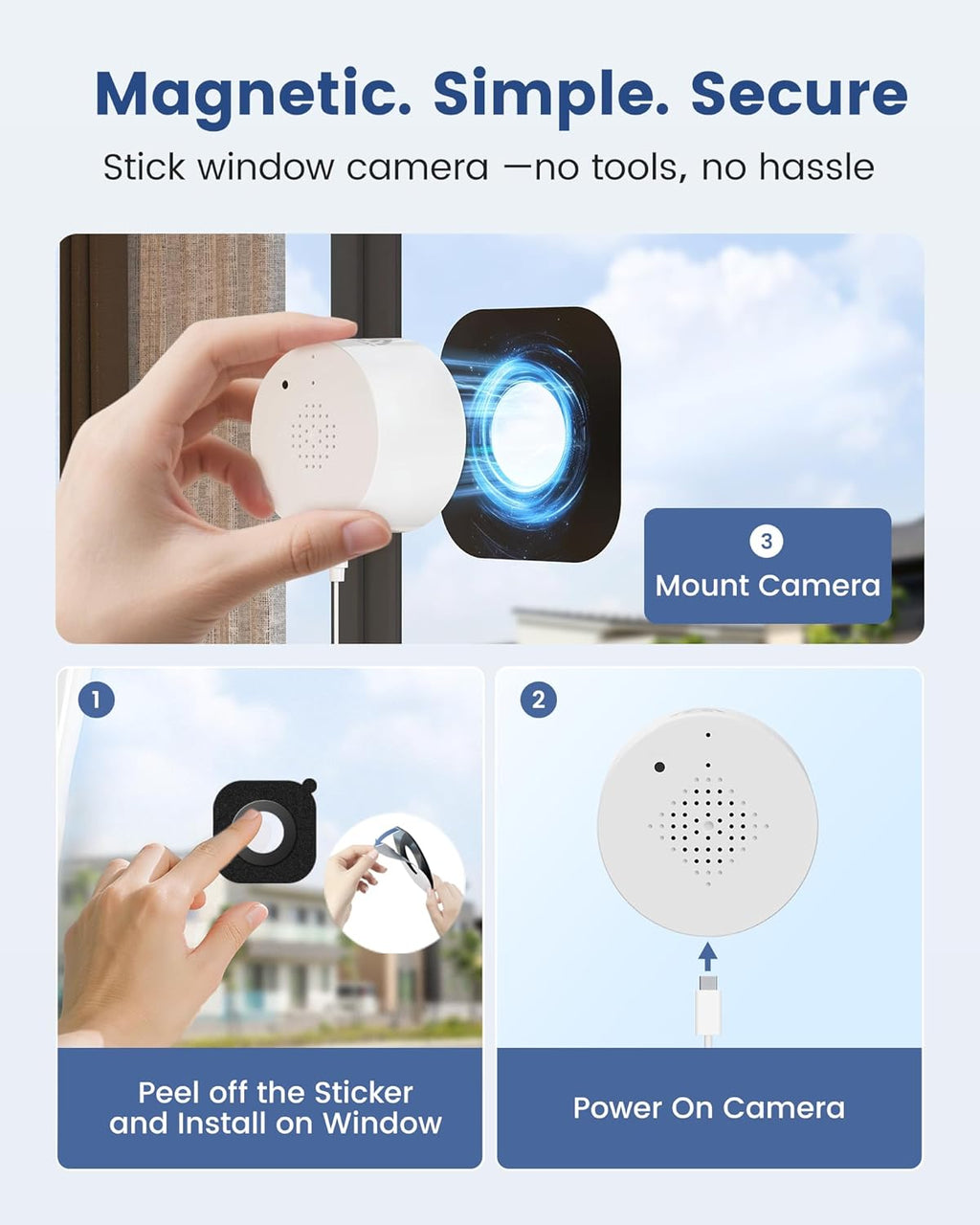3MP 2K Window Camera, 2.4GHz WiFi Indoor Camera for Home Security, with Full-Color Night Vision, Person & Motion Detection, 2 Way Audio, 24/7 Recording, Easy Set Up, 2 Packs