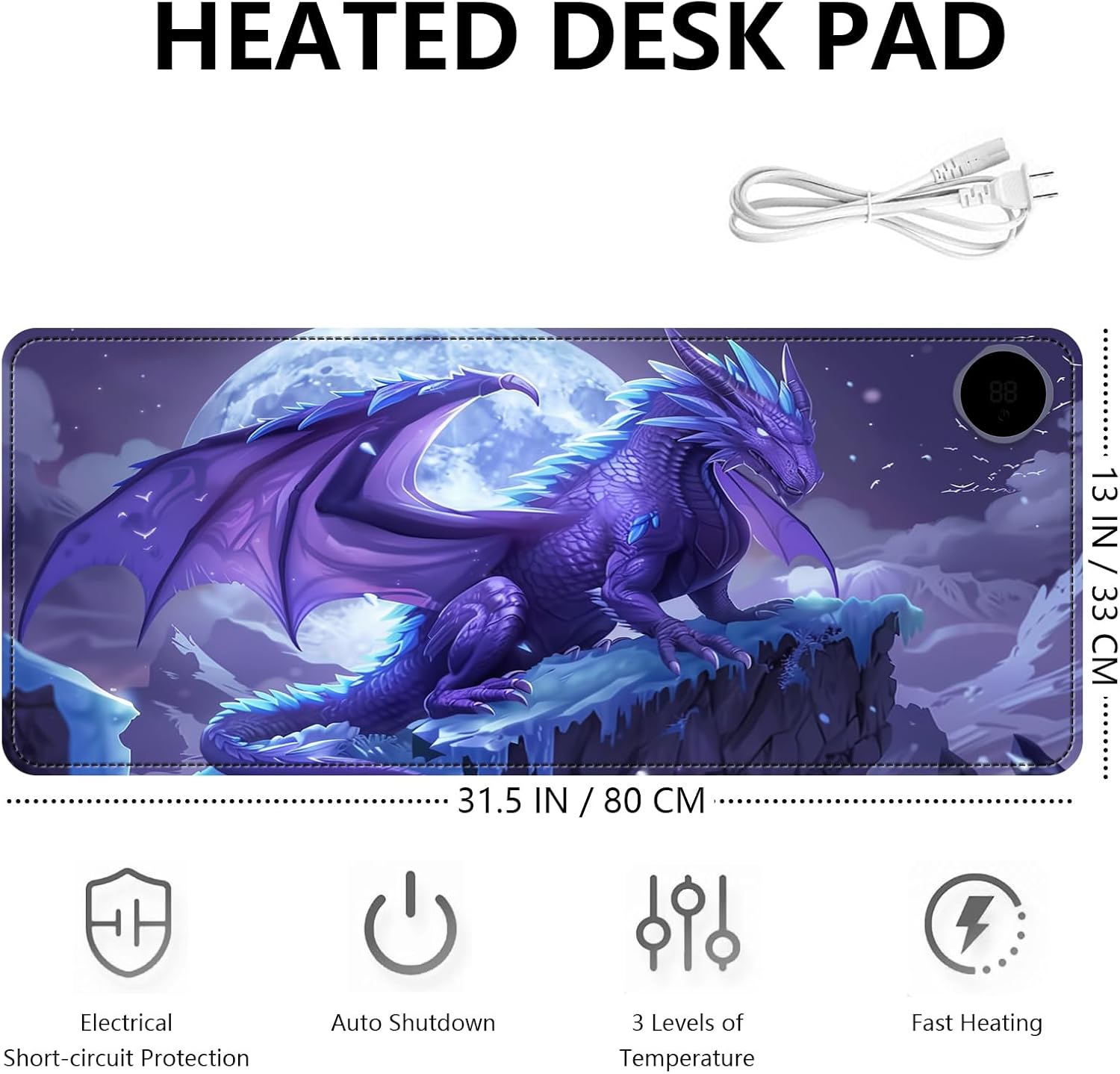 Heated Mouse Pad with 3 Levels Heated & 3 Hours Auto Shut-Off Mouse Pad for Warming Hands in Office Home, 31.5" x 13"Large Safe Desk Mat Hand Warmer，Angry Flying Dragon