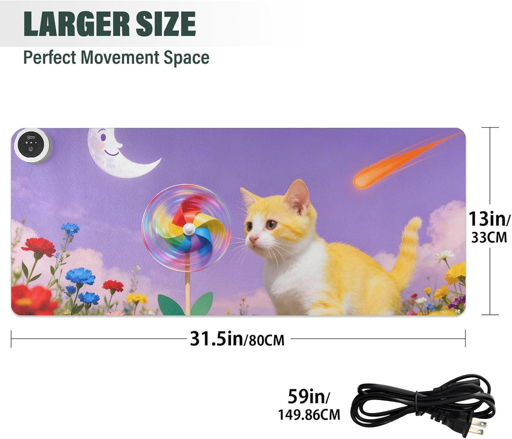 Large Heated Mouse Pad,Leather Desk Mat,31.5"x13",Hand Warmer Pads for Desk,Cat(Purple Yellow)