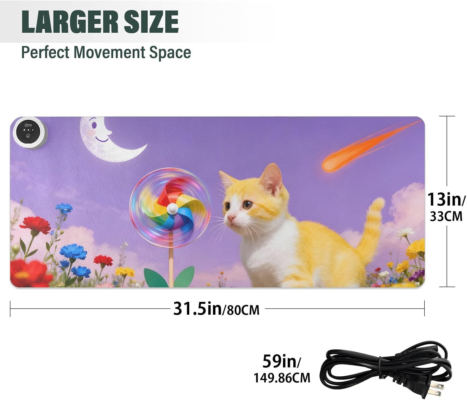 Large Heated Mouse Pad,Leather Desk Mat,31.5"x13",Hand Warmer Pads for Desk,Cat(Purple Yellow)