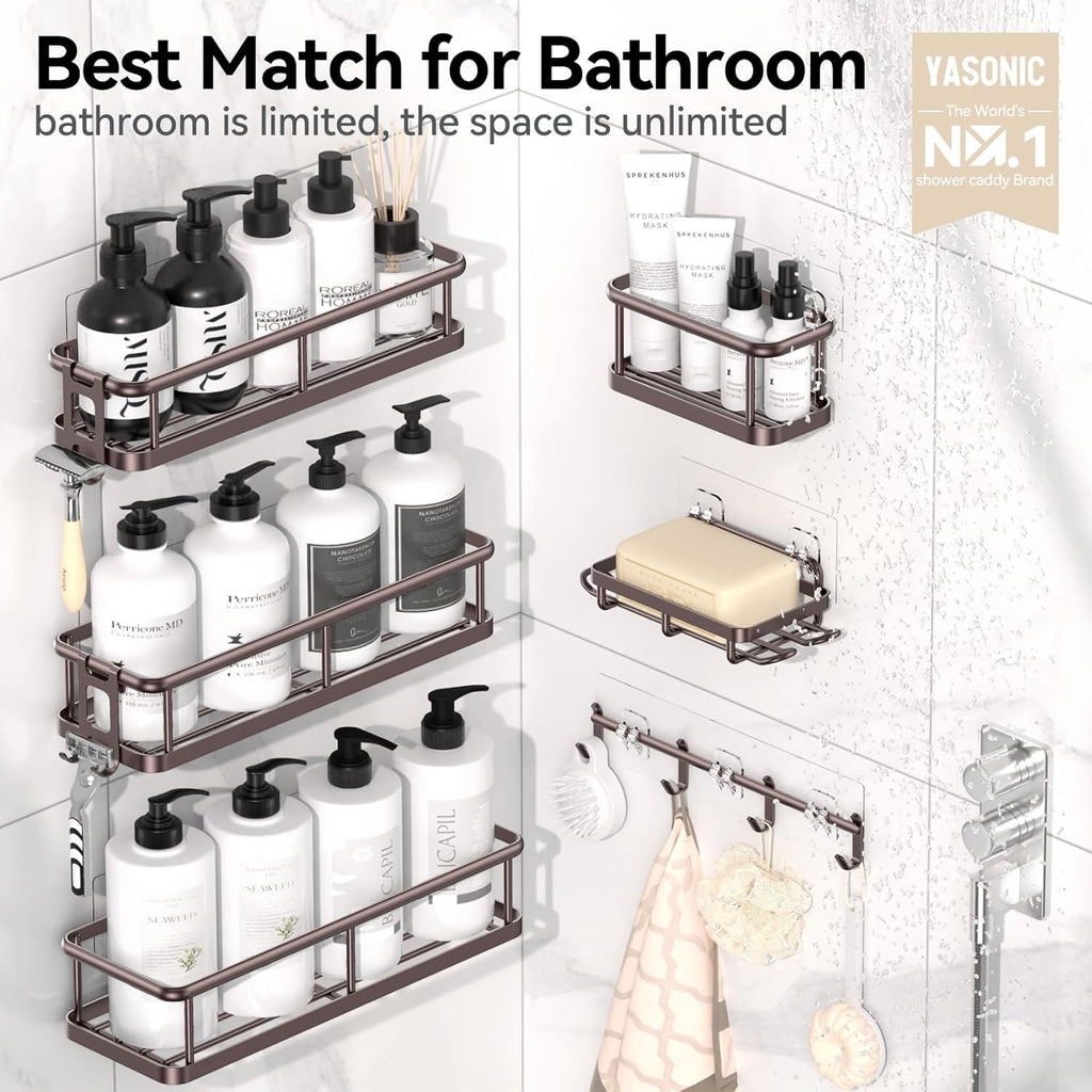 YASONIC Shower Caddy, 6 Pack Large Capacity shower Organizer with Soap Holder and 12 Hooks, Rustproof Shelves for Inside Shower, No Drilling&Sleek Bathroom Organizers and Storage Bronze