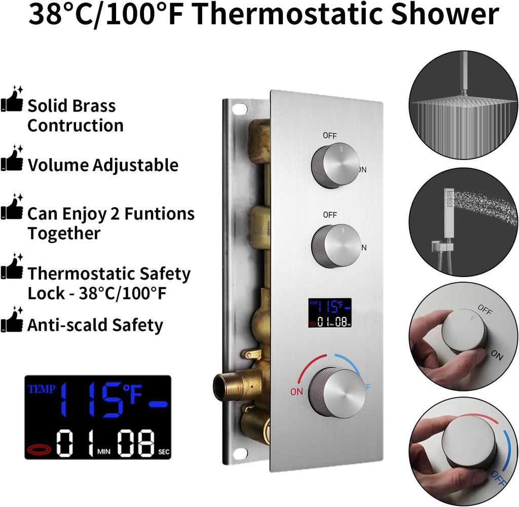 2 Way Shower Diverter Valve Brass 2 Functions Digital Temperature Display Thermostatic Shower Mixing Valve Kit 3 Handle Flow Cotrol Valve, Can Run Simultaneously Brushed Nickel