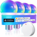 Linkind Matter Smart Light Bulb, WiFi Smart Bulbs with Remote, Smart Bulb Work with Apple Home, Alexa, Google Home, SmartThings, RGBTW Color Changing Bulbs Music Sync, 2.4Ghz A19 E26 60W 800LM 4 Pack