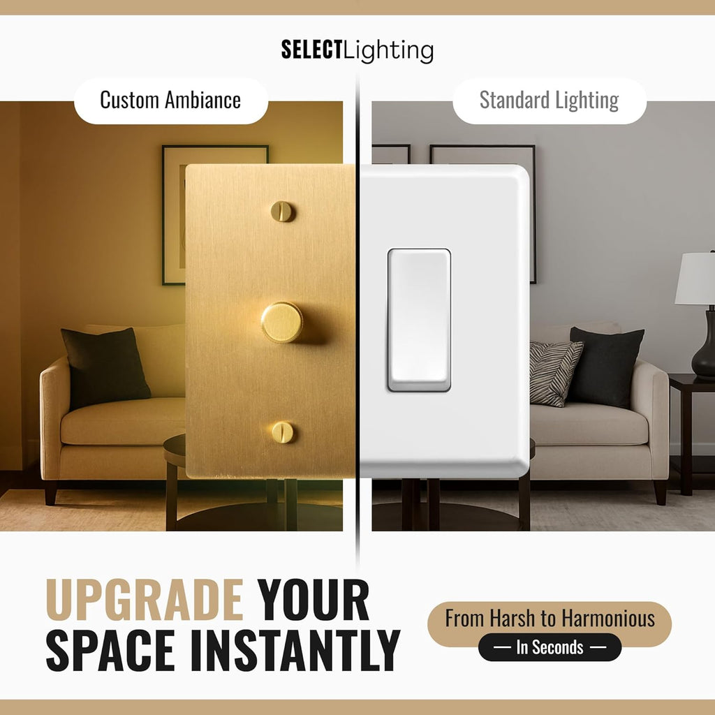 1-Gang Satin Solid Brass Rotary Dimmer Switch, 15A 120V AC Wall Mount, TRIAC/Leading Edge 1-Way Compatible, Dimmable LED Light Control with Knob, Faceplate & Dimming Module