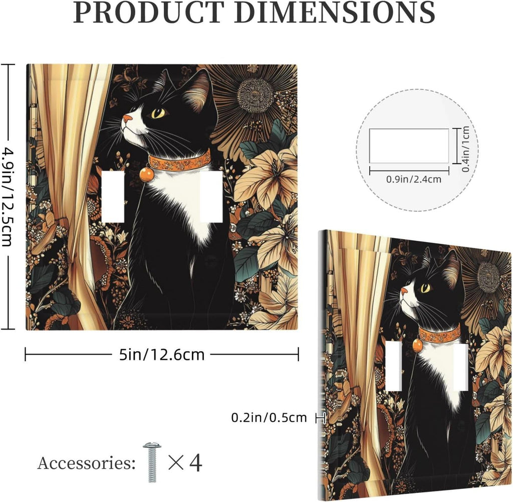 Decorative Switch Plates Boho Mandala Floral Black Cat Vintage Flower 2 Gang Double Toggle Outlet Light Switch Cover Wall Plate Electrical Faceplate For Farmhouse Home Decor