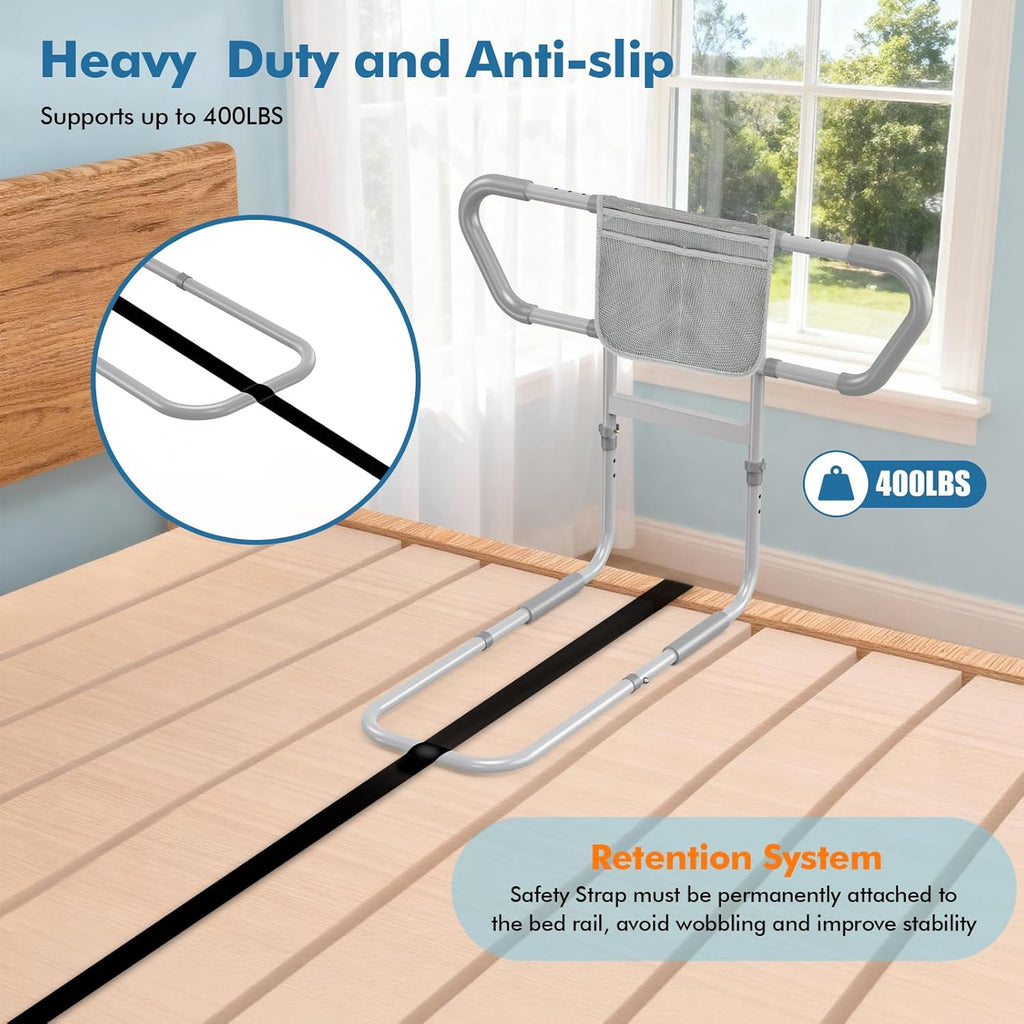 Bed Rail for Elderly Adults Safety – Bed Rails for Seniors Safety, Adjustable Bedside Assist Rail with Storage Pocket, Non-Slip Handle, Motion Sensor Night Light, Heavy-Duty 400LB Support