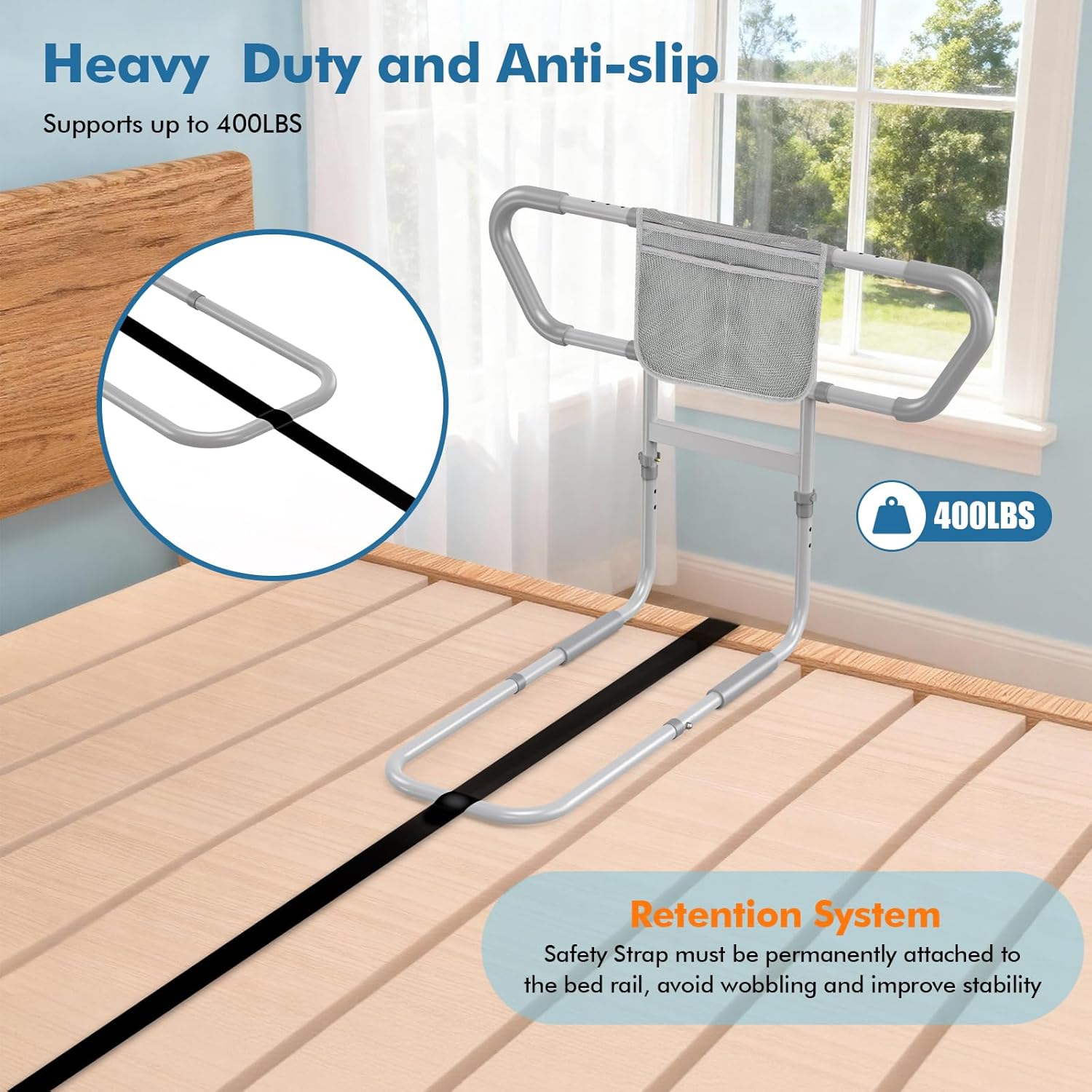 Bed Rail for Elderly Adults Safety – Bed Rails for Seniors Safety, Adjustable Bedside Assist Rail with Storage Pocket, Non-Slip Handle, Motion Sensor Night Light, Heavy-Duty 400LB Support