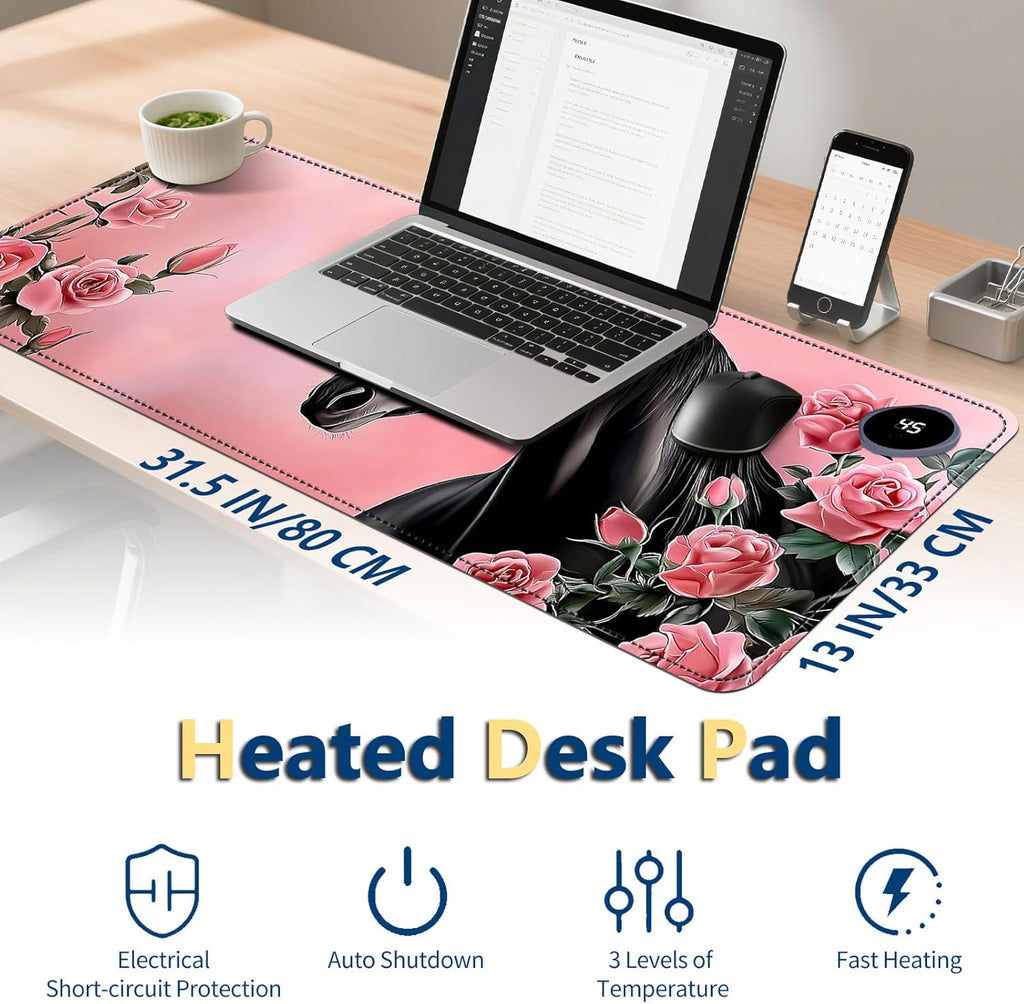 Heated Mouse Pad with 3 Temperature Settings(104°F–122°F),Large 31.5x13 Inch PU Leather Heated Desk Mat,Waterproof Warming Pad for Office,Gaming & Cold Hands Relief,Pink Rose Black Horse