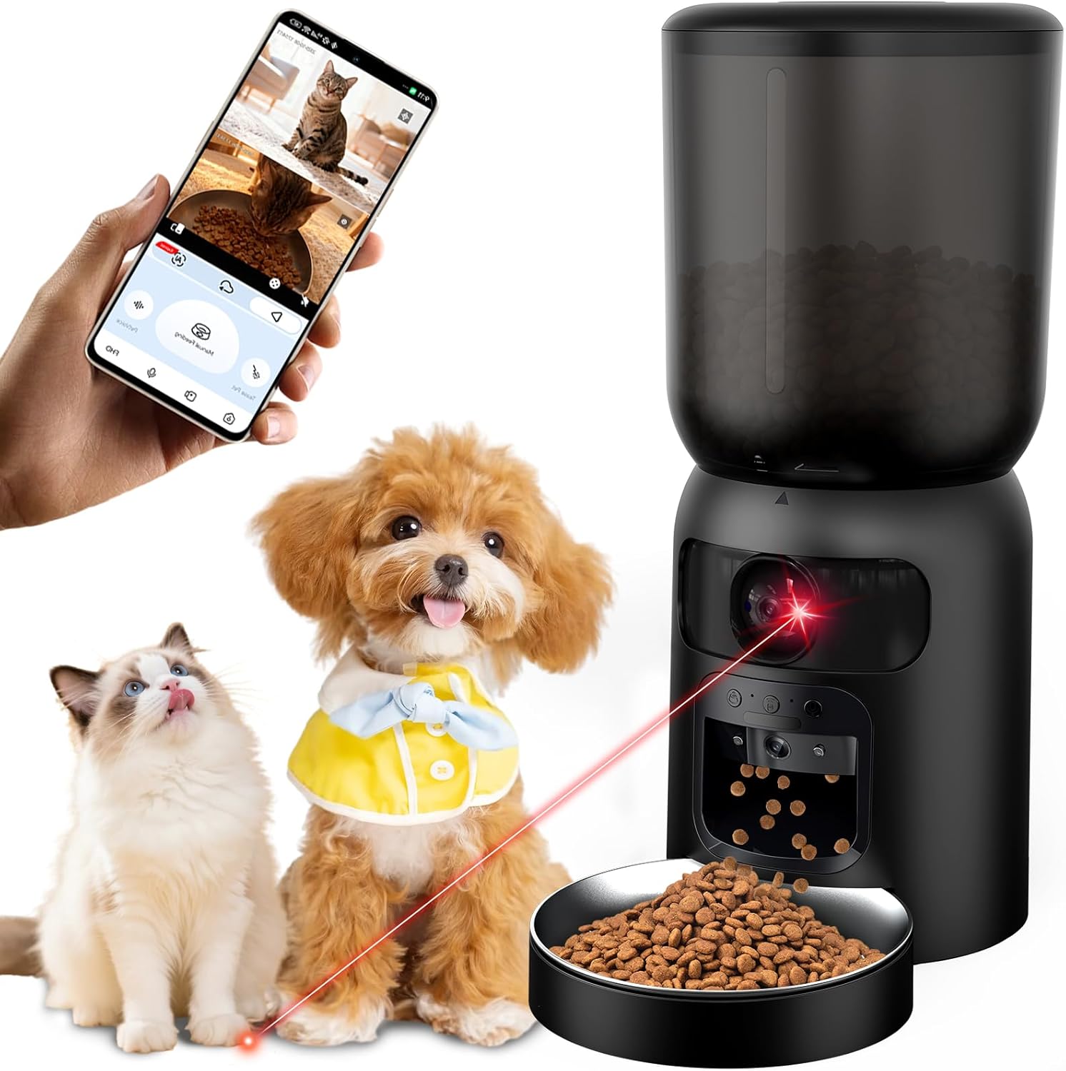 Automatic Cat Feeder with Dual Camera, 5G WiFi App Control: 5L Automatic Dog Food Storage Container with 2K HD Video and Laser Pet Toy, Dual Power Timed Smart Pet Food Dispenser for Cats&Dogs