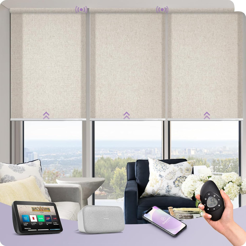 Graywind Motorized Light Filtering Shades Compatible with Alexa Google Rechargeable Remote Control Smart Blinds Automatic Window Shade with Valance for Home Office, Custom Size (Linen Beige)