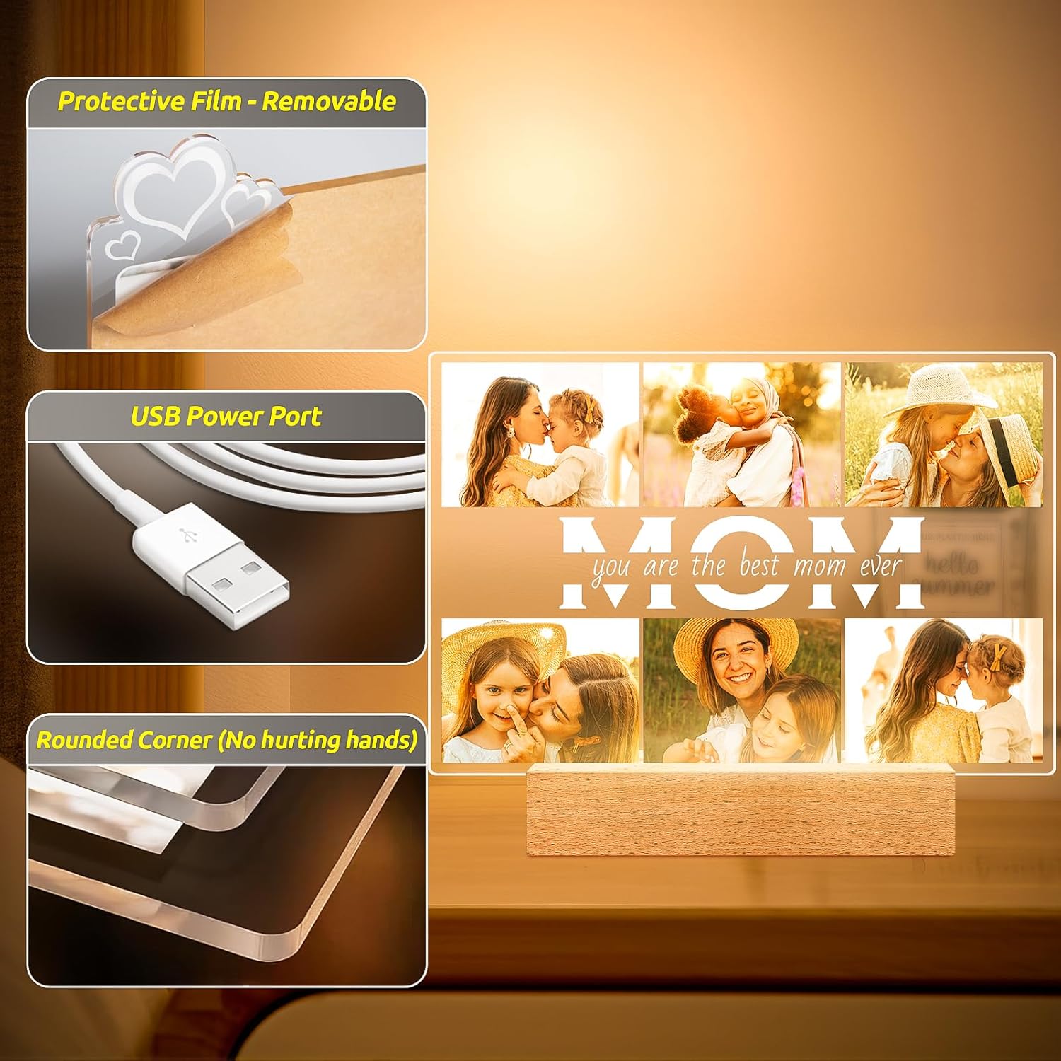 Personalized Gifts for Mom from Daughter Son, Custom Picture Frames with Photos, Customized Photo Frame with Night Light, Personalized Birthday Gifts for Mom Baby Kids Family