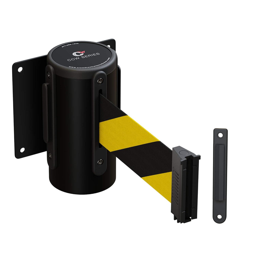 Crowd Control Warehouse - CCW Series WMB-120 Fixed Wall Mount Retractable Belt Barrier - 11 Foot, Black and Yellow Belt with Black Steel Case