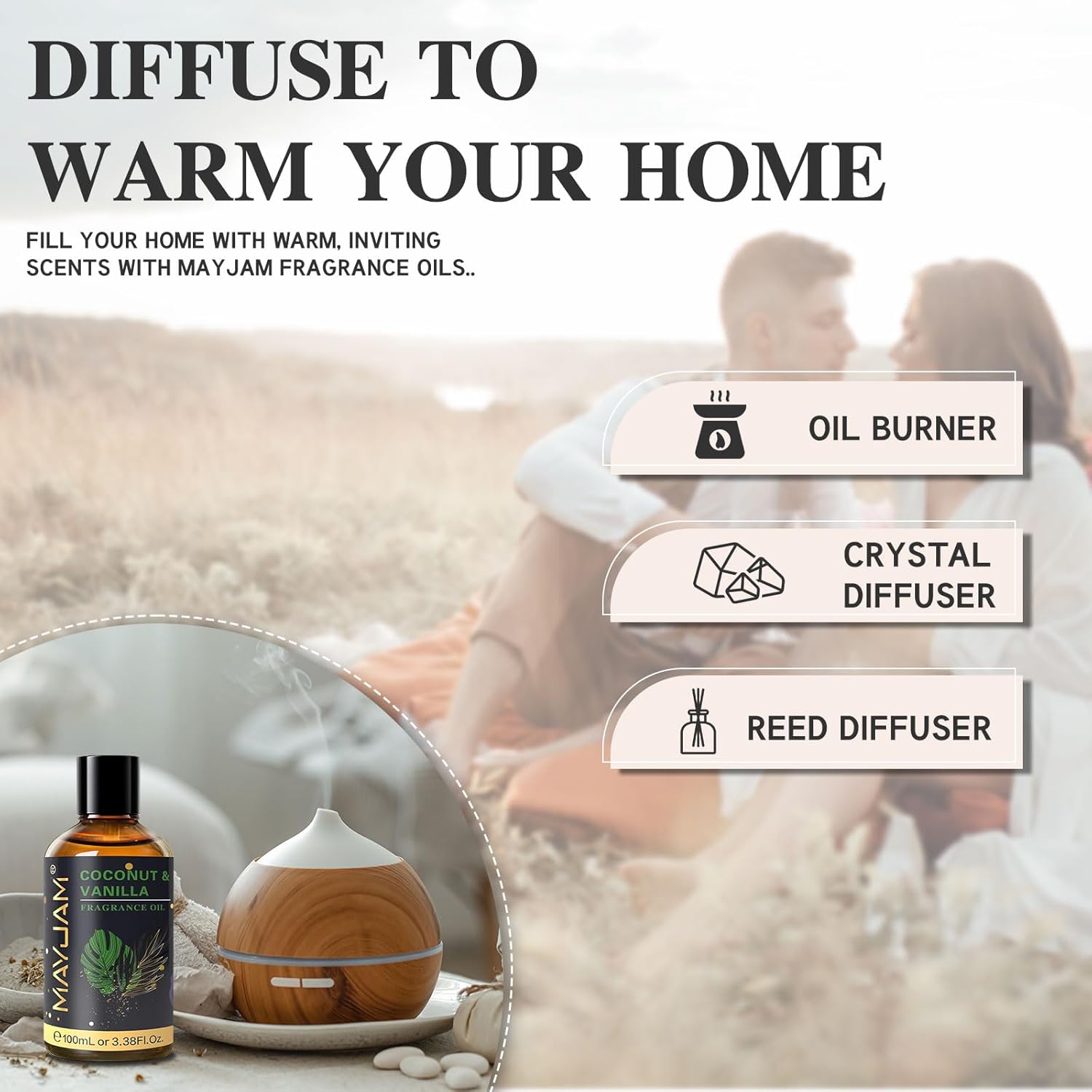 MAYJAM 100ML/3.38FL.OZ Coconut & Vanilla Fragrance Oils with Glass Dropper, Essential Oils for Diffusers for Home, Long Lasting Scented Oils for Diffusers Soap Candle Making