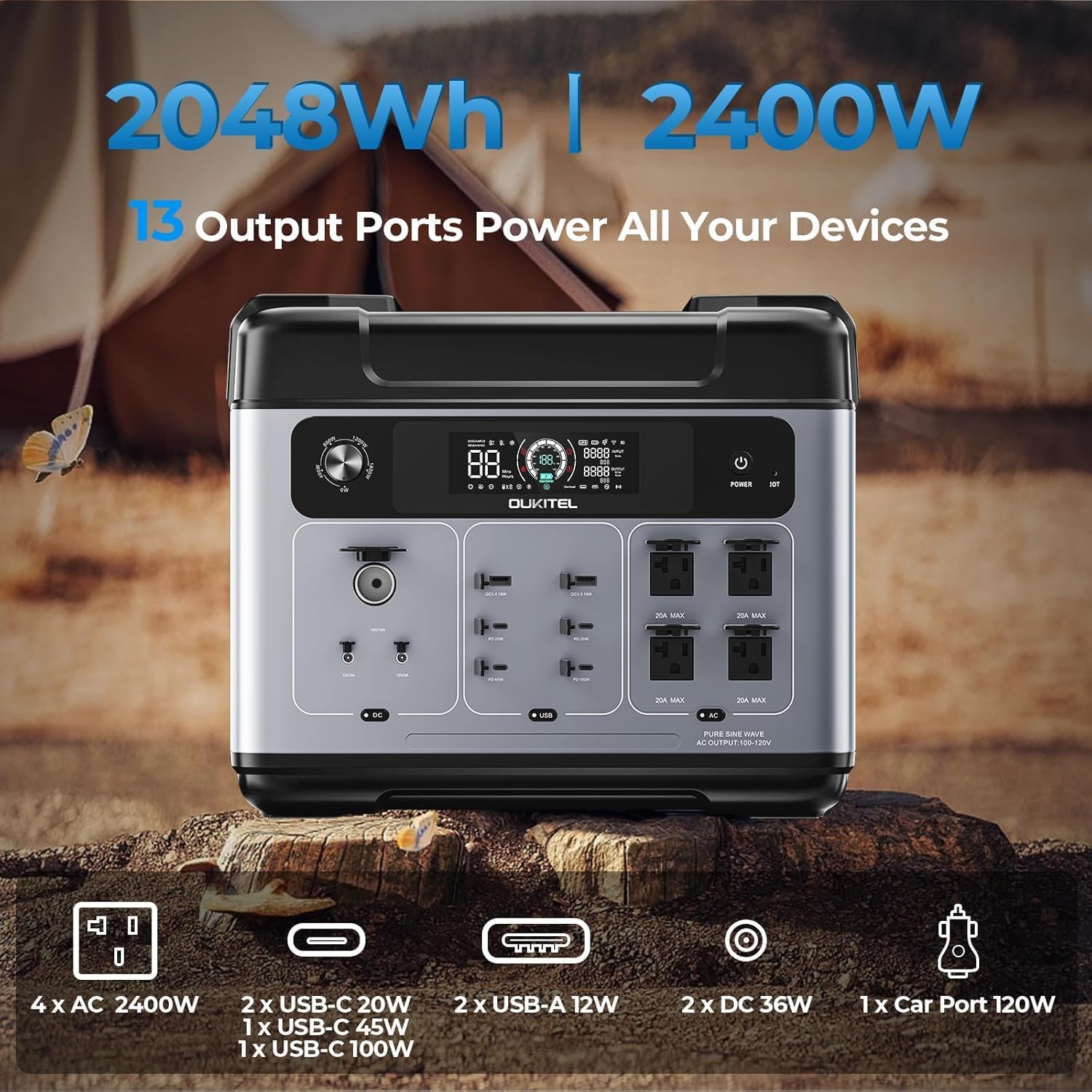 OUKITEL Portable Power Station 2048Wh, 2400W (5000W Surge), Pure Sine Wave AC Outlet, LiFePO4 Battery for Home Backup, Outdoors Camping,Christmas gifts