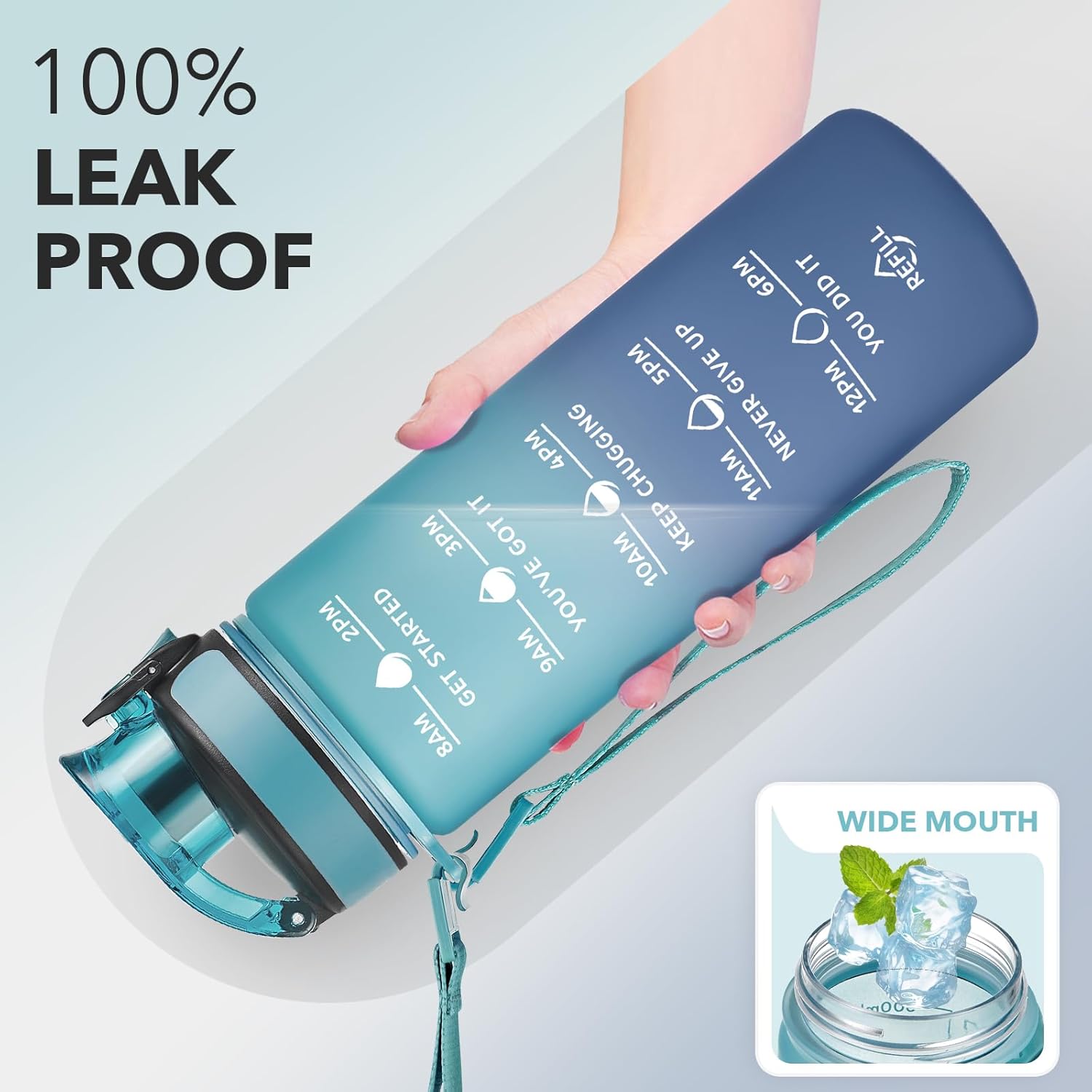 Enerbone Water Bottle, Leakproof BPA & Toxic Free, Motivational Water Bottle with Times to Drink and Straw, Fitness Sports Water Bottle with Strap for Office, Gym, Outdoor Sports