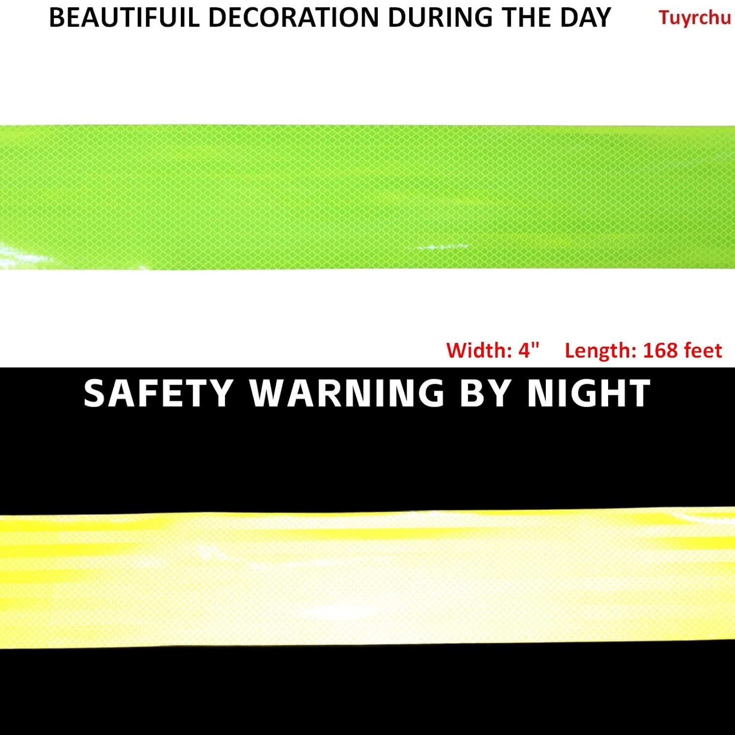 Non Fading Fluorescent Yellow Reflective Tape Outdoor Waterproof 4 inch Wide, High Visibility Warning Safety Industrial Marking Tape (168 feet)