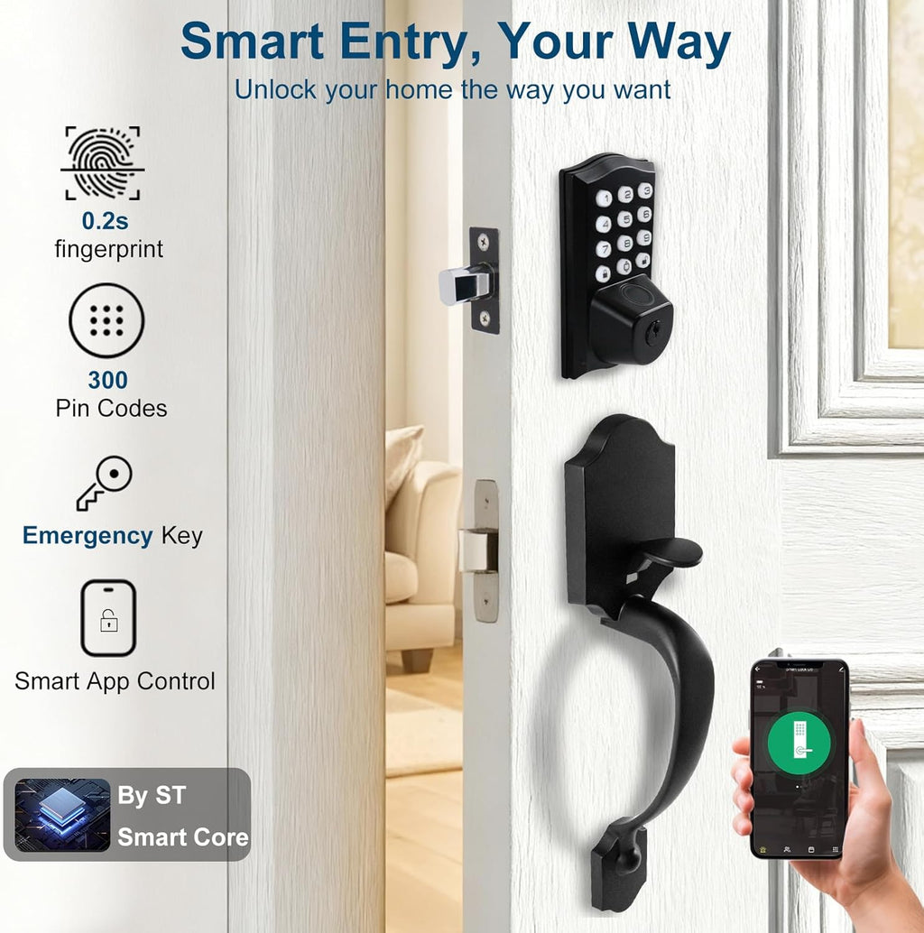 Fingerprint Smart Door Lock, Keyless Door Lock with Handle, Built-in WiFi Keypad Deadbolt Set for Front Door, Waterproof Smart Electronic Deadbolt, App Remote Control, Easy to Install Matte Black